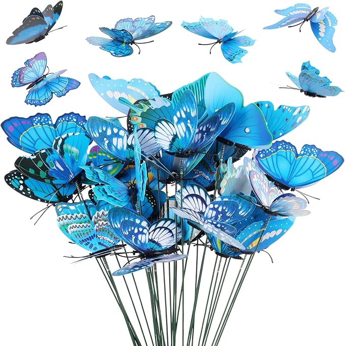 30PCS Blue Butterfly Decorations Artificial Garden Stakes by Wolpark