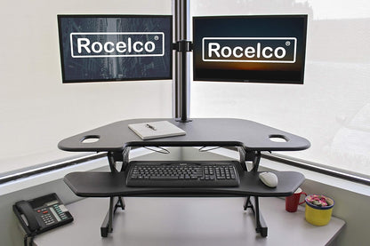 Rocelco 46" Height Adjustable Corner Standing Desk Converter with Dual Monitor Arm Bundle - Quick Sit Stand Up Computer Workstation Riser - Extra Large Keyboard Tray - Black (R CADRB-46-DM2)