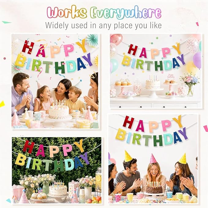 Felt Happy Birthday Banner, Pre-Strung 3D Birthday Rainbow Garland Banner | - Image 6