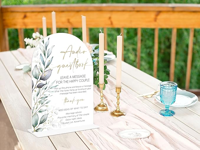 Acrylic Wedding Signs, Greenery Theme Audio Guestbook Sign, Wedding Reception Signage, Bridal Shower Table Decor with Stand, Engagement, Anniversary, Newlywed Events and Parties Supplies, 09