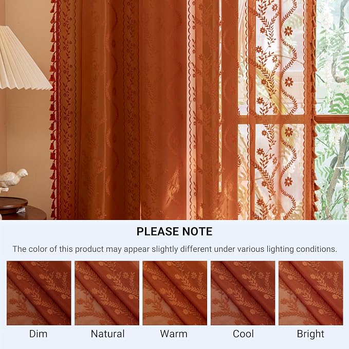 WAZZIO Boho Lace Curtains 45 Inch 2 Panels-Vintage Sheer Panel Drape Floral - Image 8