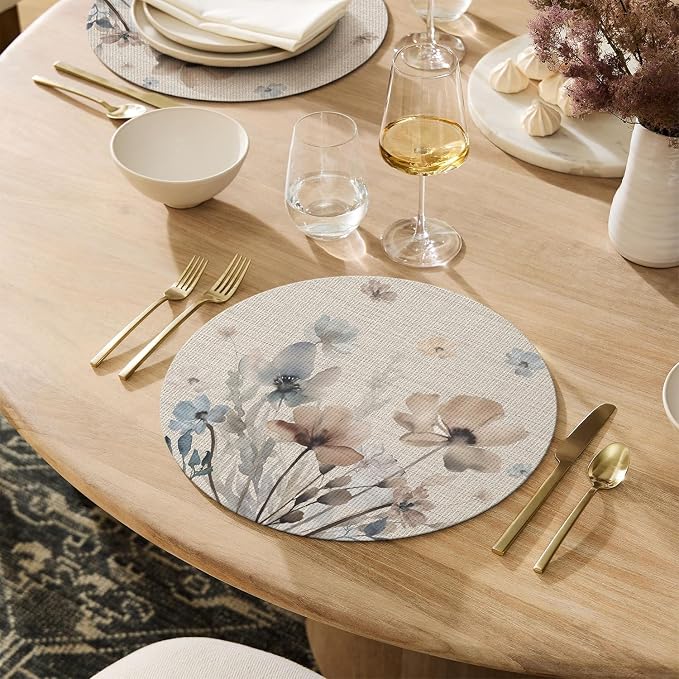 Artoid Mode Brown Poppy Floral Round Placemats Set of 4, 14 Inch Washable - Image 2