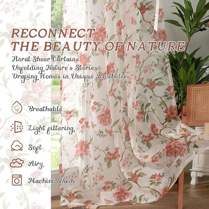 Floral Sheer Curtains for Bedroom Window 72 Inch Length 2 Panels, Farmhouse - Image 2