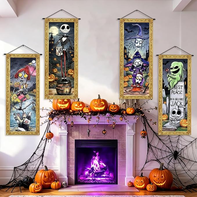 Funny Halloween Banner 4pc October Purple Skull Backdrop Sign Spider Web Party - Image 5