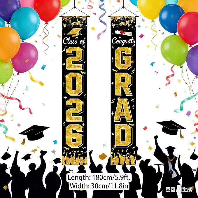 Class of 2026 GRAD Banner Porch black and gold graduation decorations，Welcome - Image 2