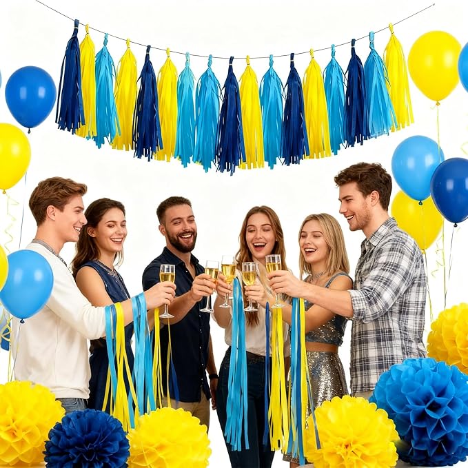 Yellow and Blue Tassel Garland Banner, 30 Pack Paper Tassels Streamers - Image 3