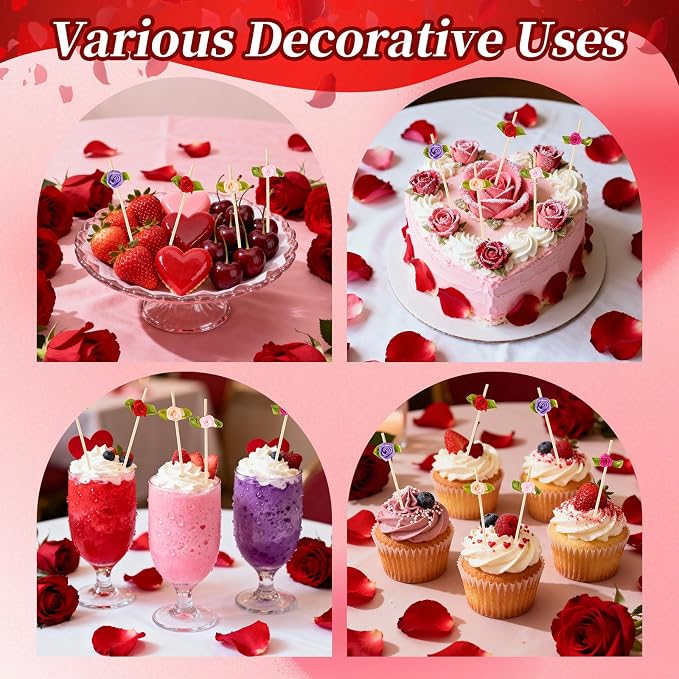 100 pcs Mother's day Valentines Day Cocktail Picks Multicolored Roses Bamboo - Image 6