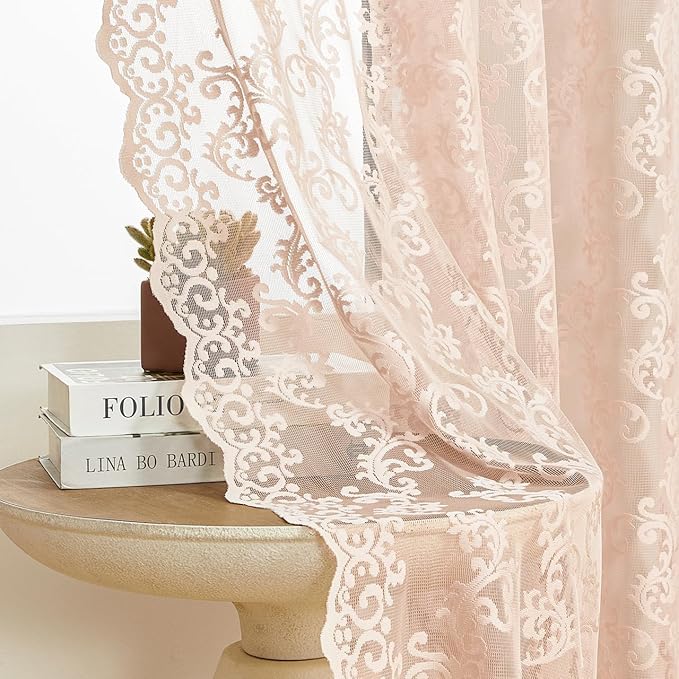 Blush Pink Lace Curtains 63 Inch Length 2 Panels set Victorian Floral Curtains by FOLKSIDEHomeDecoration