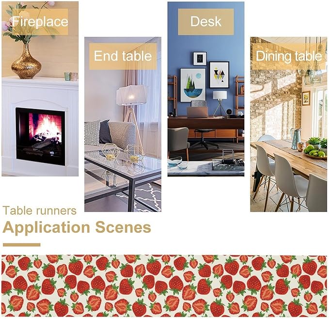 Strawberry Table Runner,Spring Summer Fruit Print Table Runner for Kitchen Dining Table Home Party Decoration 13x36 Inch