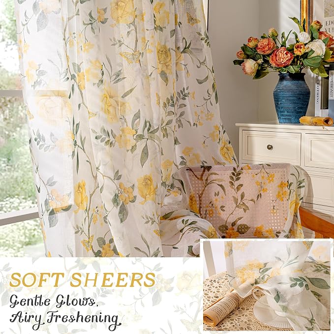 Sheer Curtains 54 Inch Length 2 Panels Set, Floral Patterned Linen Look - Image 6