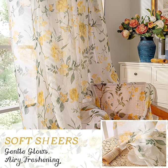 Sheer Curtains 45 Inch Length 2 Panels Set, Floral Patterned Linen Look - Image 6