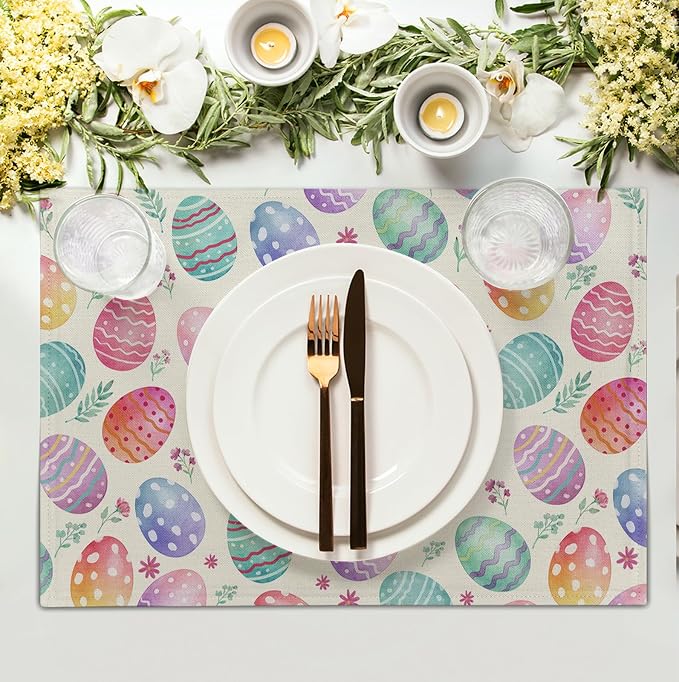 Easter Placemats Set of 4 Watercolor Colorful Eggs Floral Table Mats 12x18 Inch - Image 3