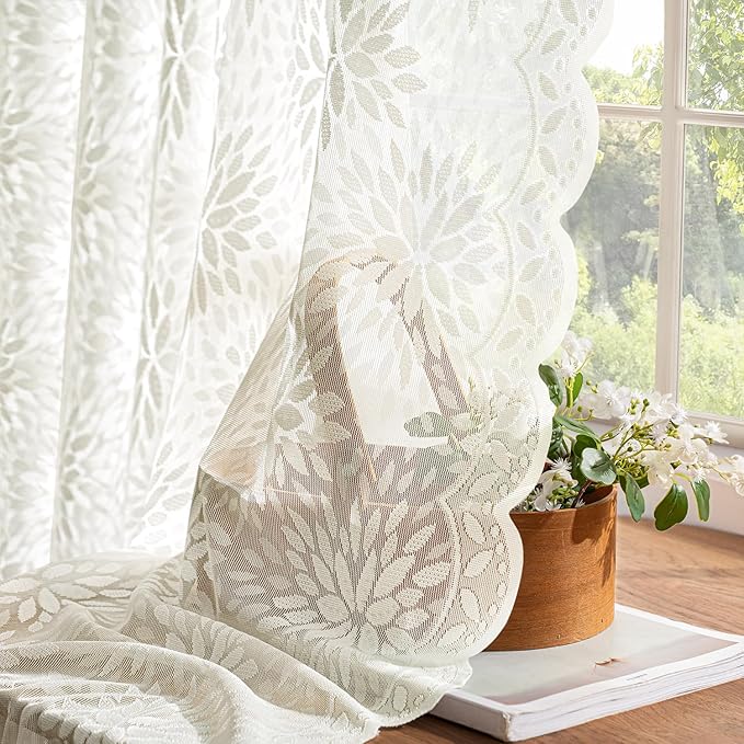 MIULEE Vintage Floral Scalloped Lace Curtains 2 Panels, Ivory 52" W x 54" L | - Image 4