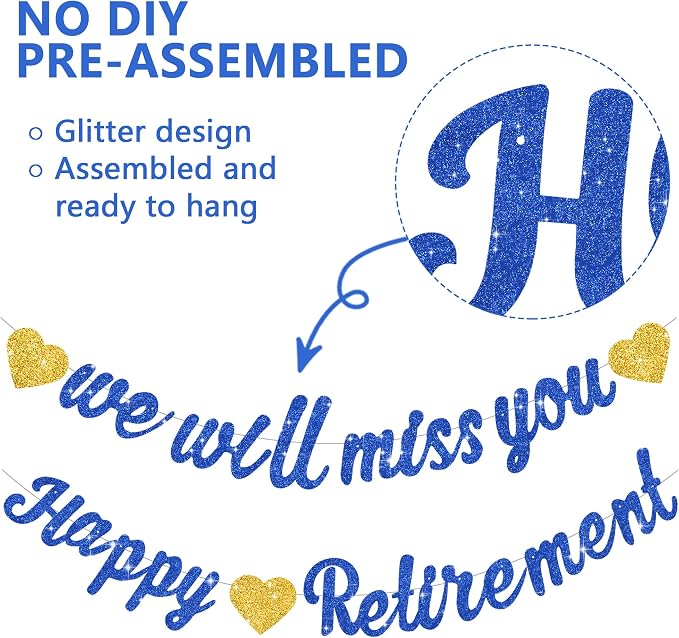 Glitter Navy Blue Happy Retirement We Will Missed You Banner Pre-Strung - Image 2
