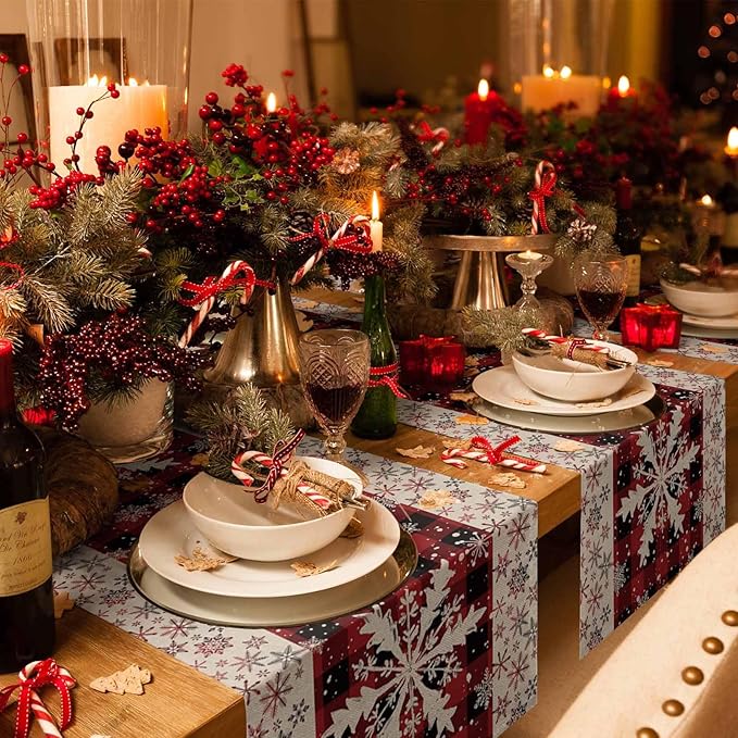Buffalo Plaid Christmas Cotton Linen Table Runner for Dining Kitchen, Snowflake Red Black Check Wedding Outdoor Party Tablerunner Decoration,Retro Dresser Scarf Coffee Tablecloth Runners 13x108 Inches