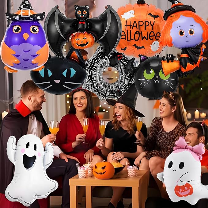 9Pcs Halloween Balloons Decoration Set, Foil Ghost, Spider Web, Pumpkin & Bat - Image 5