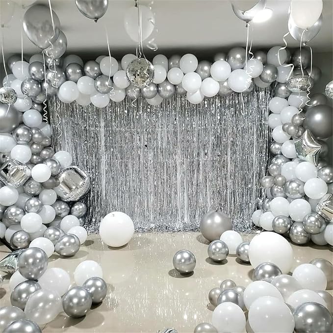 Silver and White Balloons, 12 Inch Metallic Silver White Latex Balloons Set - Image 4