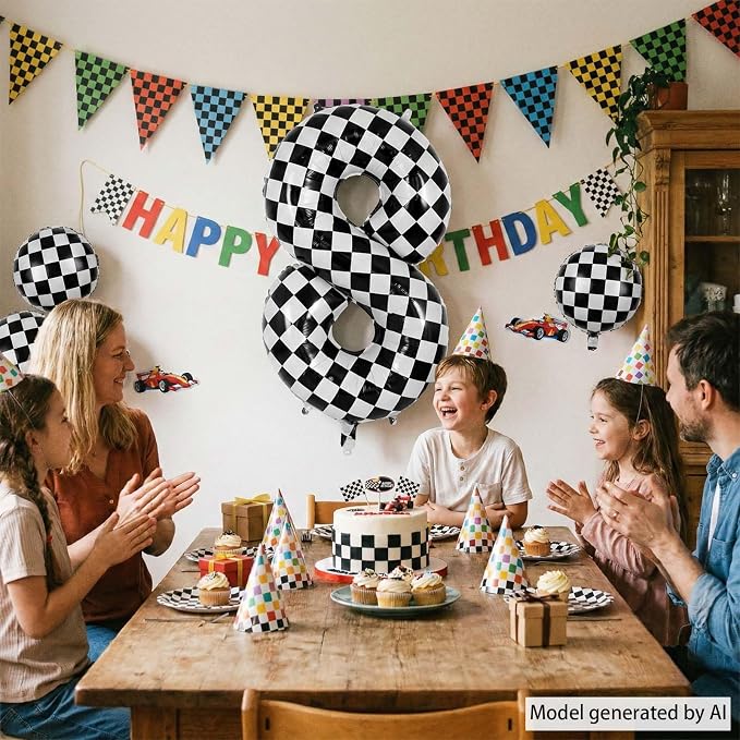 40 Inch Checkered Number 8 Balloon, Large Foil Black and White Number Balloons - Image 6