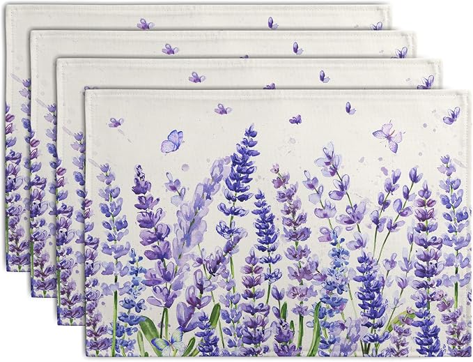 Lavender Placemats Set of 4 Purple Flower Butterfly Linen Fabric Table Mats by Wnoesat