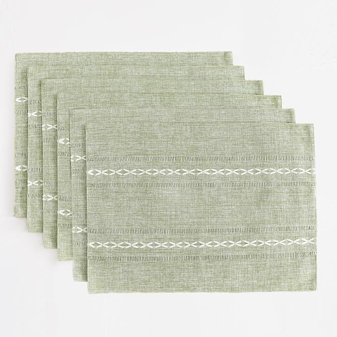 Wracra Cotton Linen Place Mats, Sage Green Embroidered Placemats Set of 6 | by Wracra