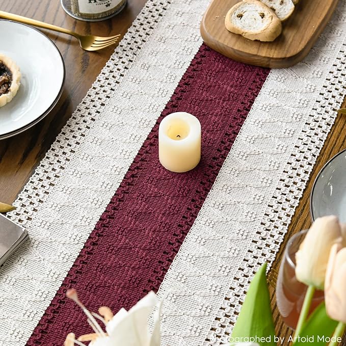 Artoid Mode Red Farmhouse Rustic Table Runner, Seasonal Holiday Hollow Kitchen Dining Table Decoration for Home Party Decor 12x36 Inch