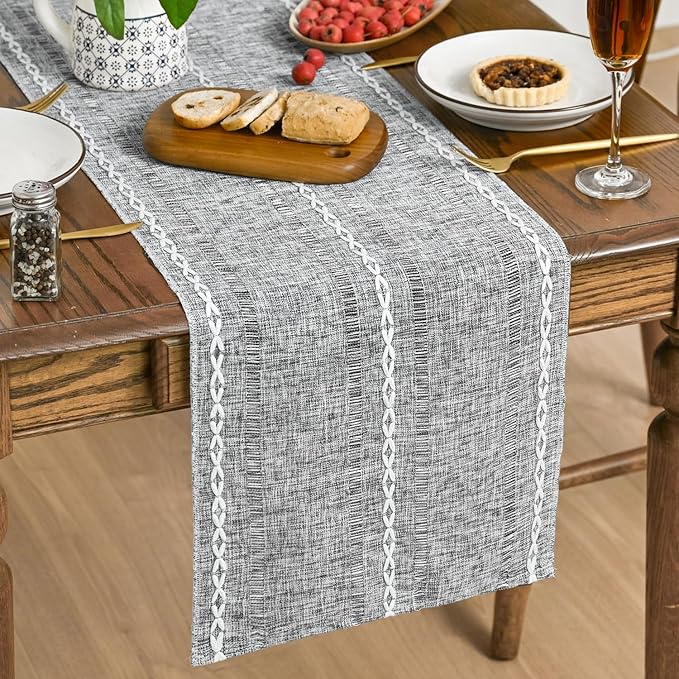 Artoid Mode Dark Grey Rustic Cotton Linen Table Runner, Seasonal Embroidered Hollow Kitchen Dining Table Decoration for Home Party Decor 13x60 Inch