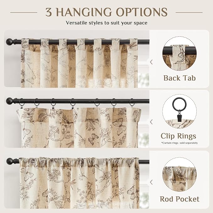 Taupe Floral Linen Curtains Farmhouse Rod Pocket 50W X 84L 2 Panels | Charlotte - Image 8