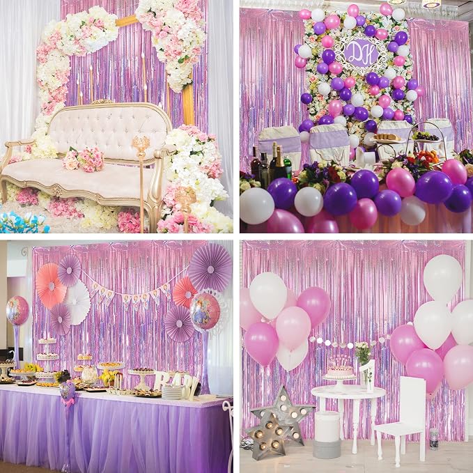 Crosize 4 Pack Laser Pink Party Streamers Backdrop, 3.3 x 9.9 ft | Tinsel Foil - Image 5