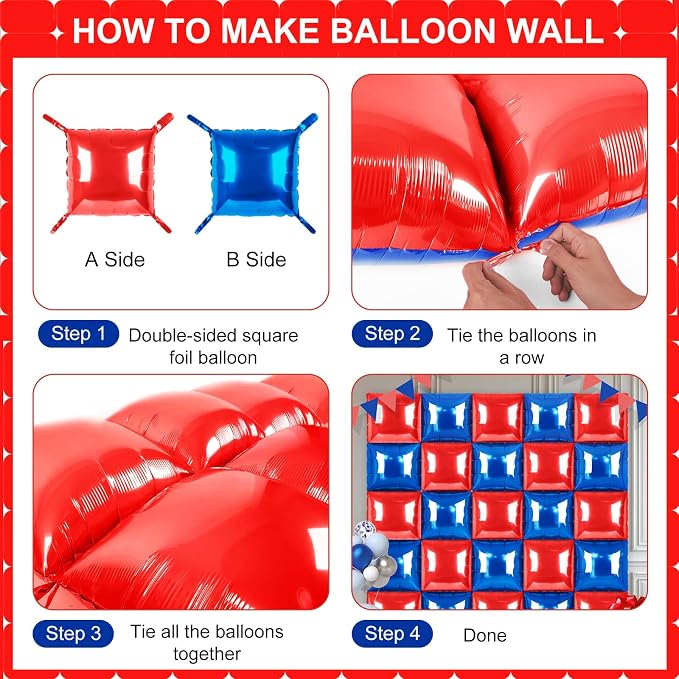 Red and Blue Square Foil Balloons 25 Pcs Metallic Red and Blue Balloons Wall - Image 3