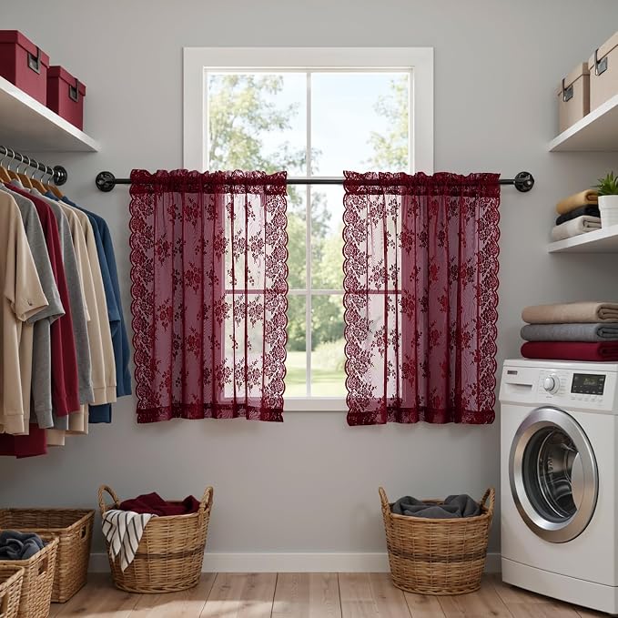 Kotile Burgundy Sheer Lace Curtains - Image 5