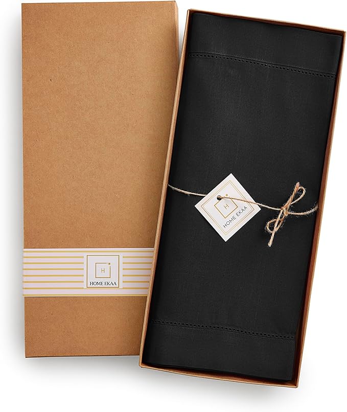 Black Table Runner 36 Inch – Cotton Linen Hemstitch Farmhouse Table Runner 14x36 – Washable Fabric for Fall, Halloween, Thanksgiving, Everyday Dining & Décor – Serena