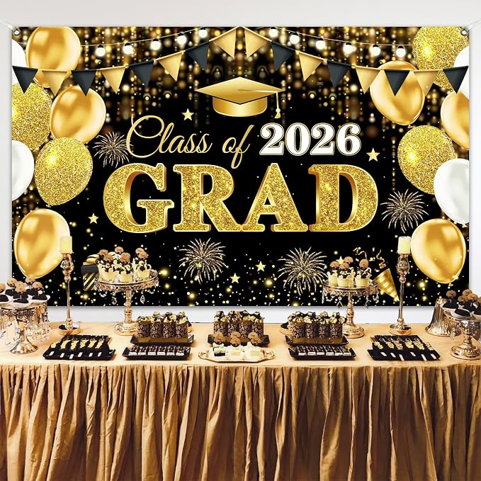 2026 Graduation Decorations Banner Black Gold Class of 2026 Grad Banner - Image 5