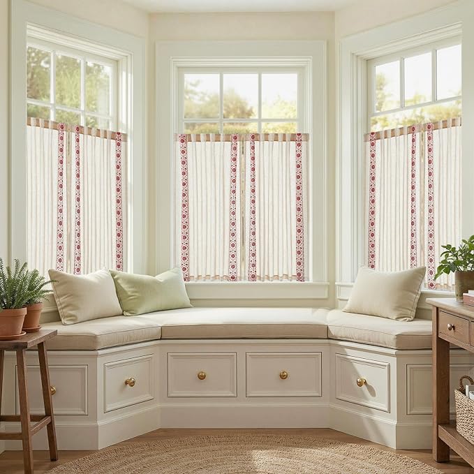 jinchan Red Floral Embroidered Linen Kitchen Curtains 54×45 Inch 2 Panels | - Image 9