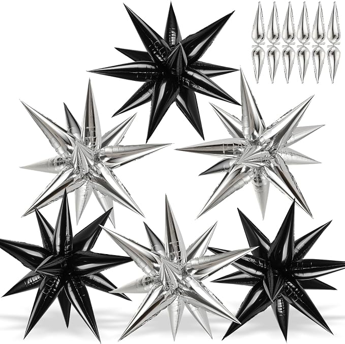 72 PCS Black and Silver Star Balloons, Large 26 Inch Foil Spike Balloons by GCTWFYK