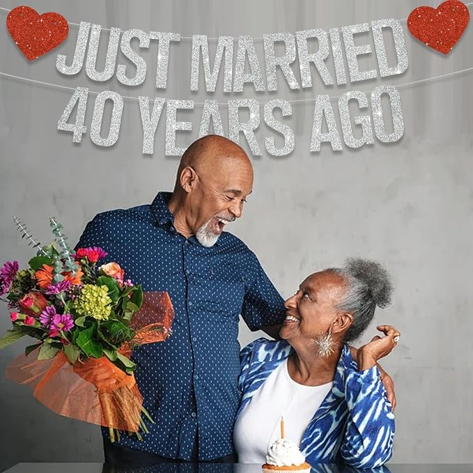 Silver Glitter Just Married 40 Years Ago Banner, NO DIY, Pre-Strung 40th - Image 5