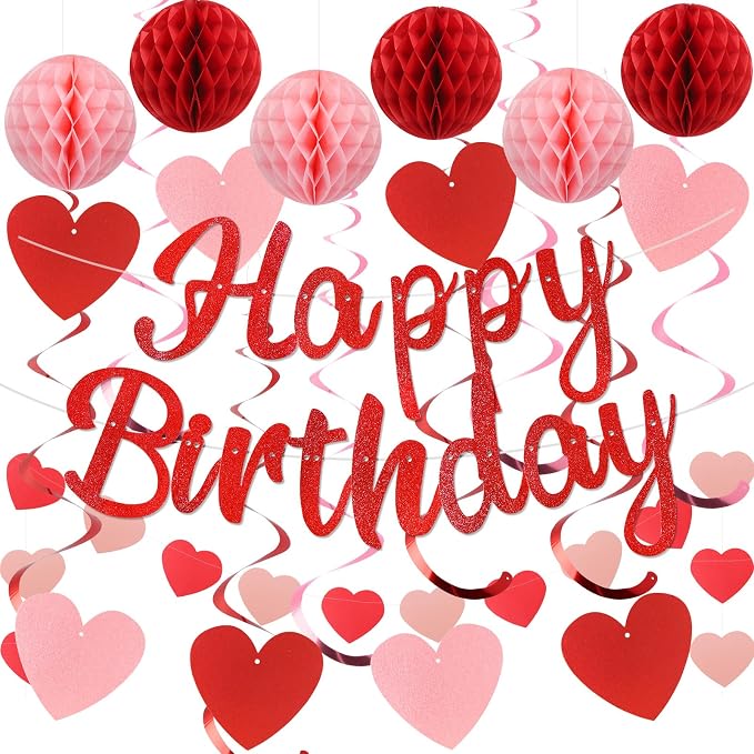 YEOCU Birthday Decorations, No DIY Pre-Strung Happy Birthday Banner | Red Heart by YEOCU