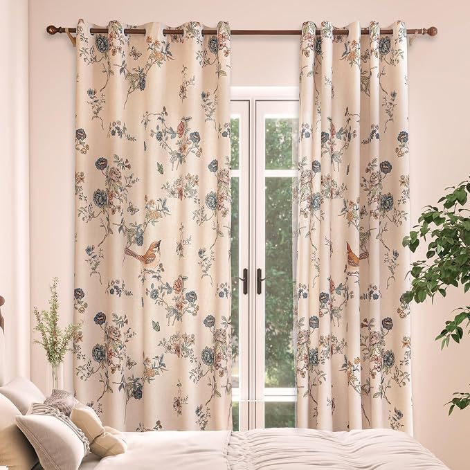 Designer French Linen Printed Curtains, 2 Panels, Bird and Flowers Pattern Draps - Image 9