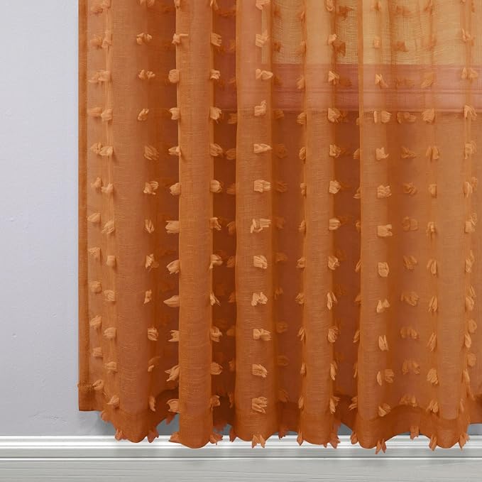 KOUFALL Burnt Orange Back Tab Rod Pocket Pom Pom Sheer Curtains - Image 5