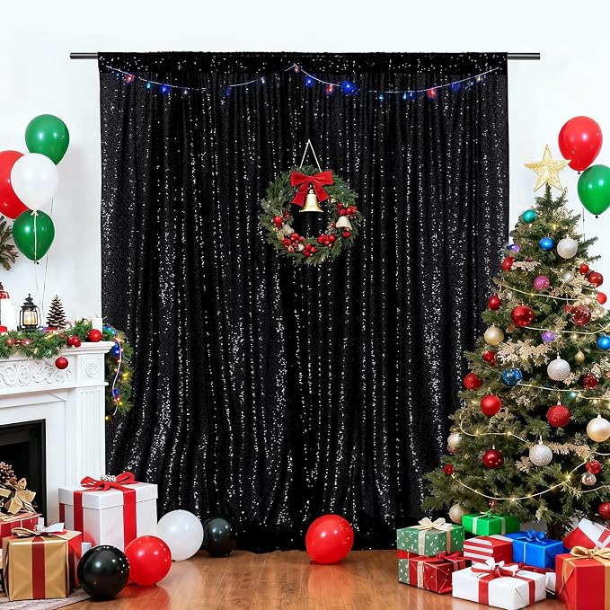 PartyDelight Black Sequin Backdrop 6x7ft Sparkly Photo Curtain | 4 Inch Rod - Image 5