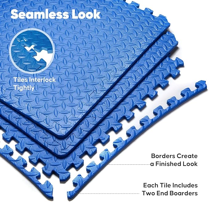 Home Gym Mat, Puzzle Exercise Mat, EVA Interlocking Foam Floor Tiles for Home Workout Equipment and Kids' Play Areas - Blue, 24 in x 24 in x ½ in - 24 Tiles (Blue, 24 Pack 96 sq ft)