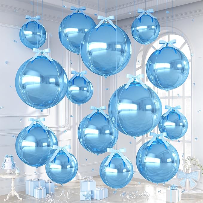 Blue Round Foil Balloons with Satin Bows Ribbon by Dagelar