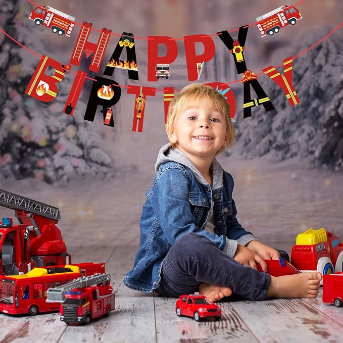 Fire Truck Happy Birthday Banner Fire Engine Rescue Party Sign Firetruck - Image 6