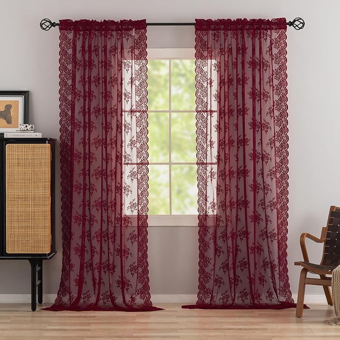 Kotile Burgundy Floral Lace Curtains - Image 7