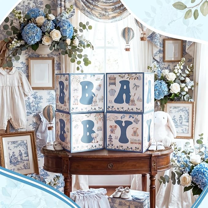 Kathfly 4 Pcs Blue Safari Baby Shower Decoration Blue Toile De Jouy Chinoiserie - Image 5