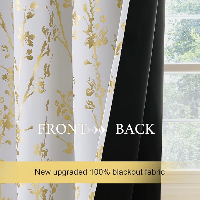 NICETOWN Gold Foil Printed 100% Blackout Floral Curtains - Image 6