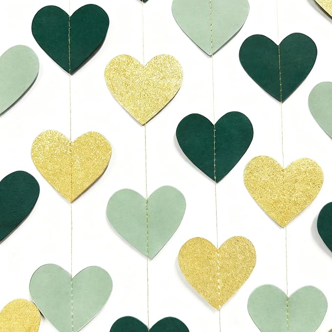 Sage Green and Gold Heart Party Glitter Gold Paper Olive Green Love Heart - Image 4