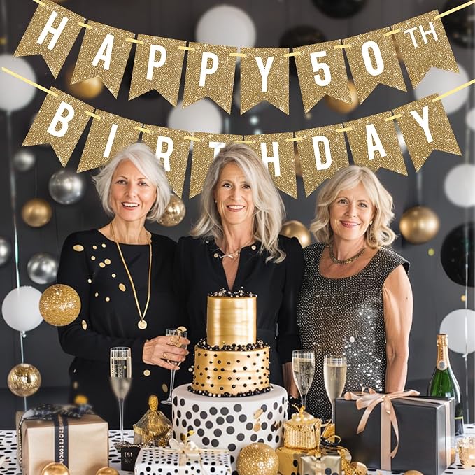 Netnology Pre-Strung Gold Glitter 50th Happy Birthday Banner Decorations | 12 - Image 7