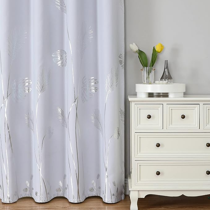 Greyish White Room Darkening Curtains 84 Inches Long Silver Palm Tree Pattern - Image 2
