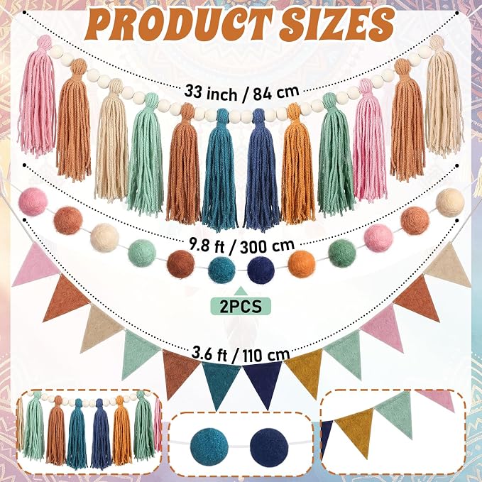 4 Pcs Boho Tassel Garland, 33 Inch Rainbow Pompom Party Decor, Classic | Boho - Image 2
