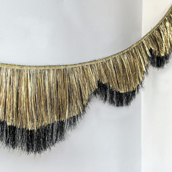 1 Pack Black & Gold Tinsel Fringe Banner 7FT Double-Layer Wavy Tassel Garland - Image 3